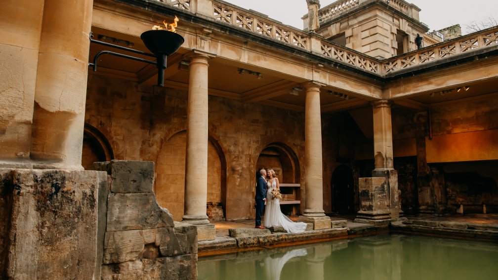 Wedding couple at the Roman Baths, Emma Jane Photography